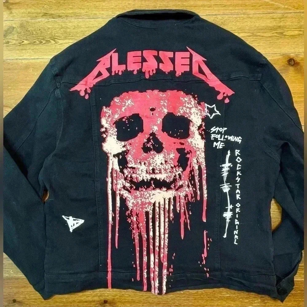 Biker Black Jean Jacket | Skull - Stop Following Me | Blessed | Large